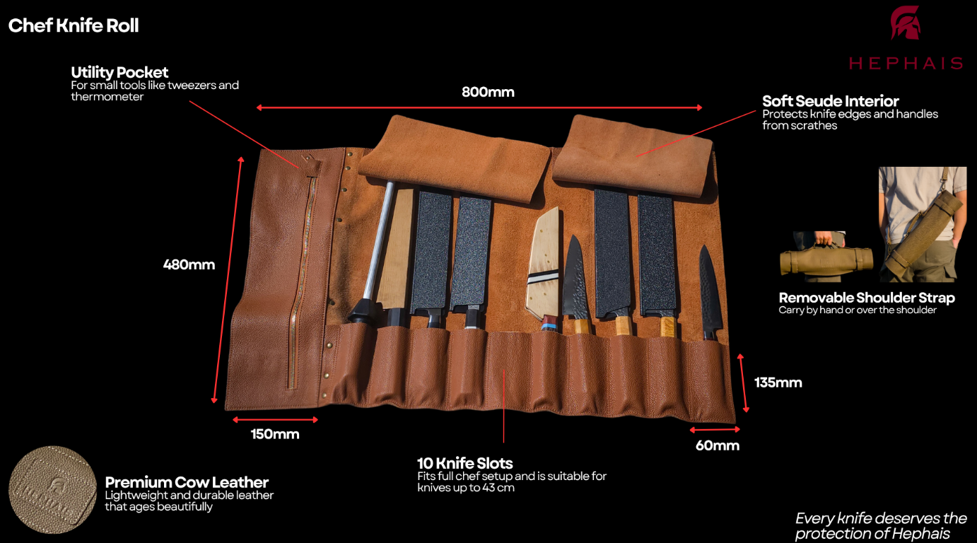 Chef knife roll with dimensions and features on a black background