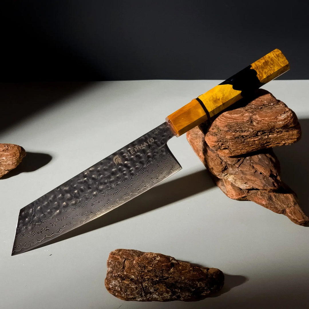 Hephais Aurora Damascus Kiritsuke Knife 200mm with VG10 core and maple burl handle