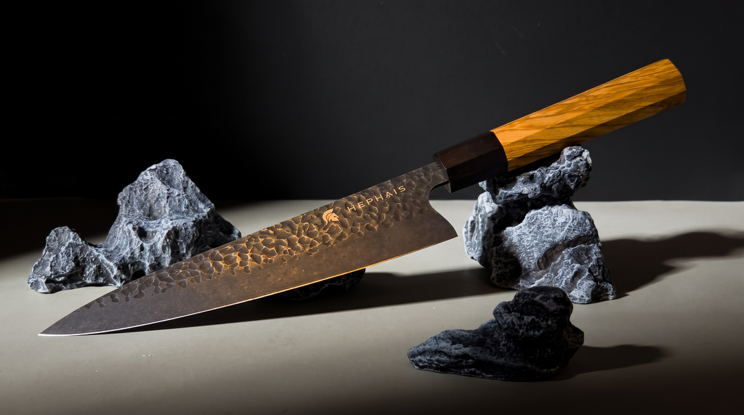 Choosing your first chef knife — Hephais Perseus with olive wood handle and hammered blade, Australia