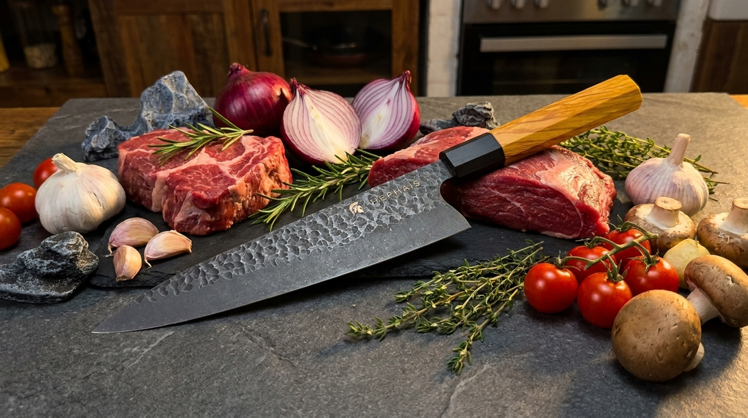 Raw steaks, vegetables, herbs, and Hephais Perseus Chef knife arranged on a slate board.