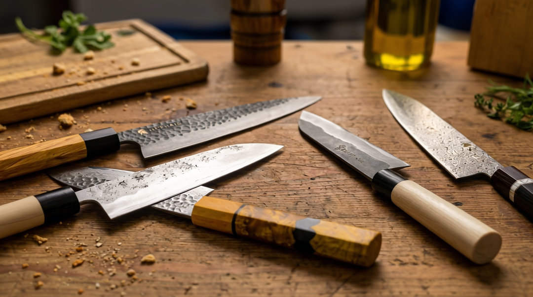 Several sharp kitchen knives with wooden handles on a wooden table.