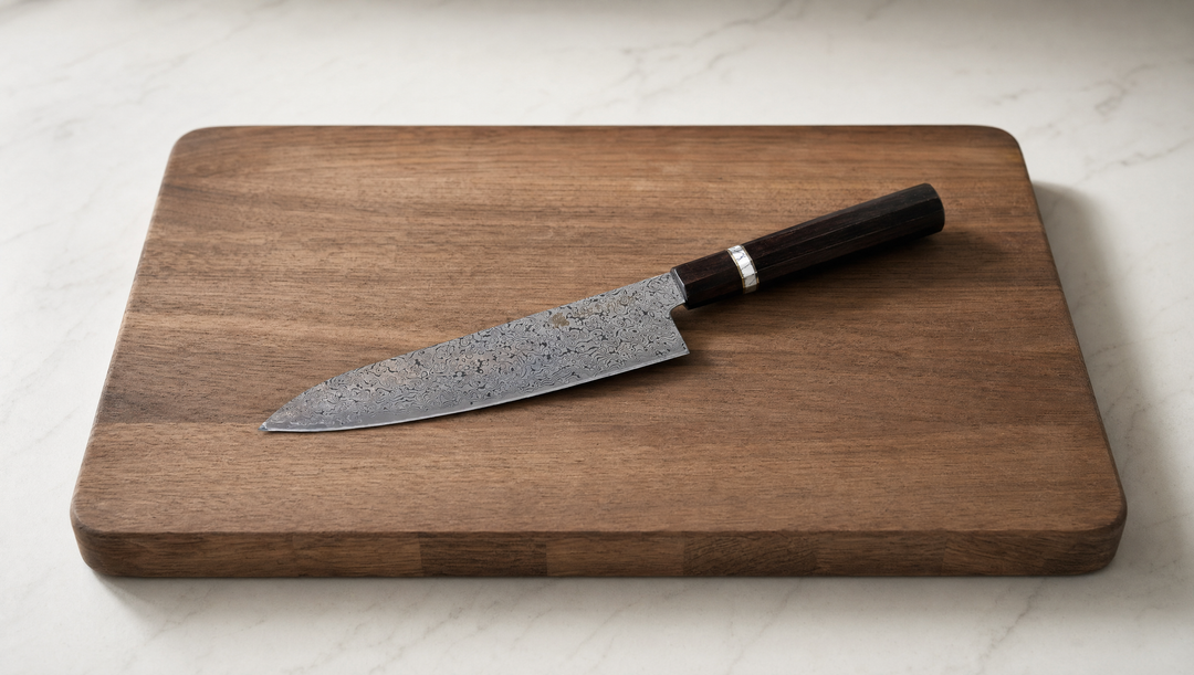 A professional chef knife resting on a wooden cutting board, illustrating how to buy your first chef knife.