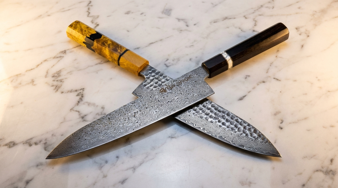 Two Damascus steel chef knives with decorative handles crossed on a marble surface.