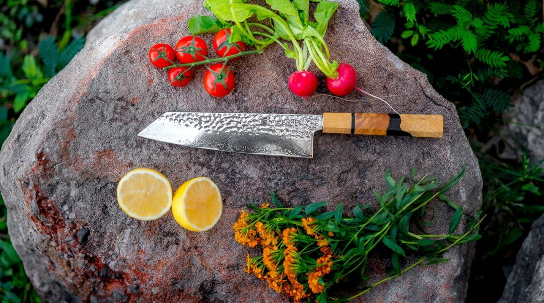 Hephais Aurora Kiritsuke knife resting on a dark wooden cutting board, ready for use.