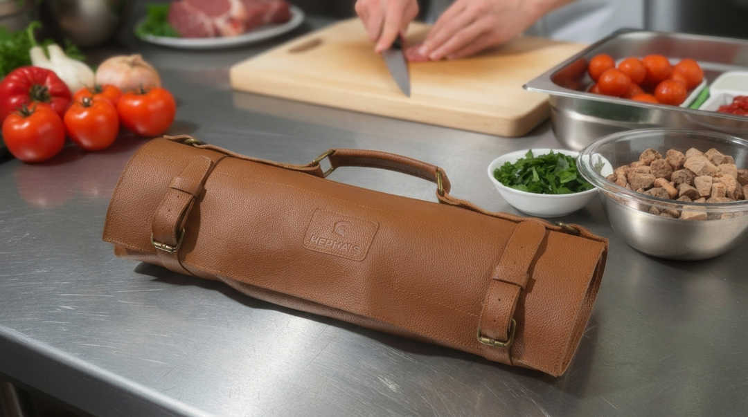 Hephais brown leather knife roll on a stainless steel counter with ingredients.