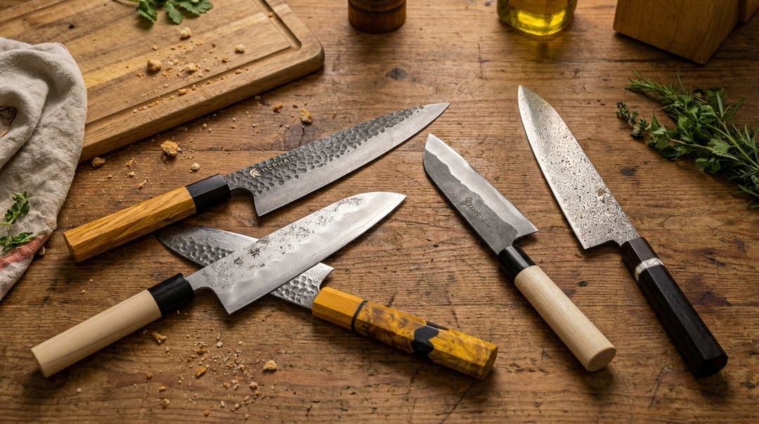 A professional Gyuto and Santoku knife side-by-side on a wooden cutting board, highlighting the Gyuto vs Santoku comparison.