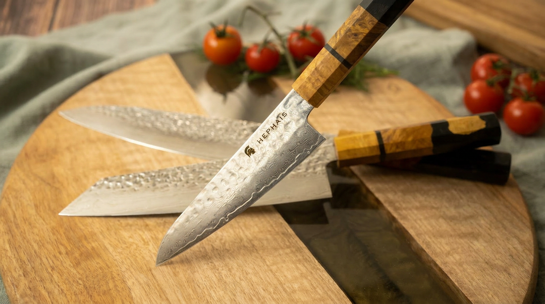 A professional Hephais Aurora petty knife resting on a dark wooden cutting board, ready for precision kitchen tasks.
