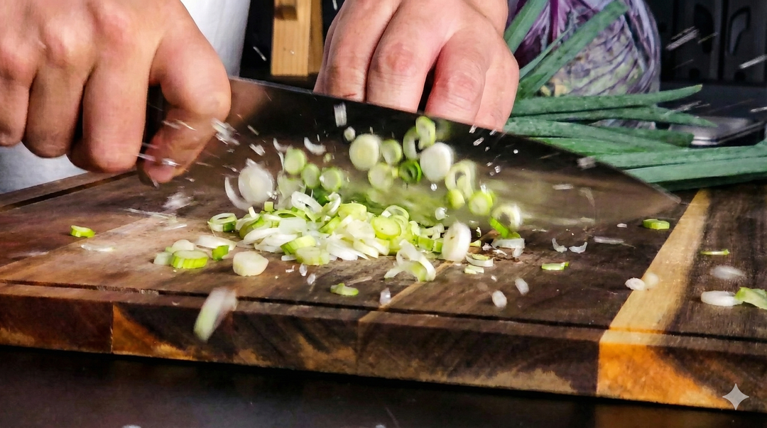 Hands chopping green onions on a wooden cutting board.