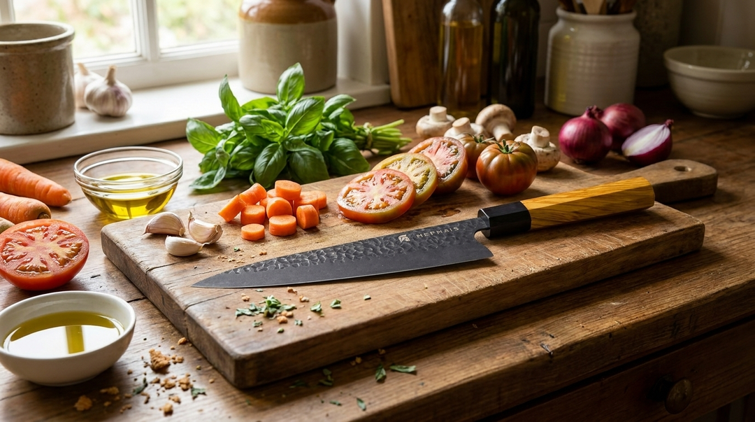 A stunning Hephais Perseus chef's knife resting on a rustic wooden cutting board, featured in our knife gift guide.