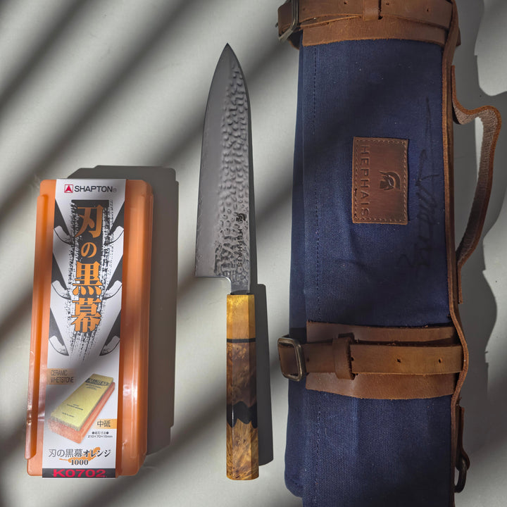 chef kit with knife, bag and sharpening stone