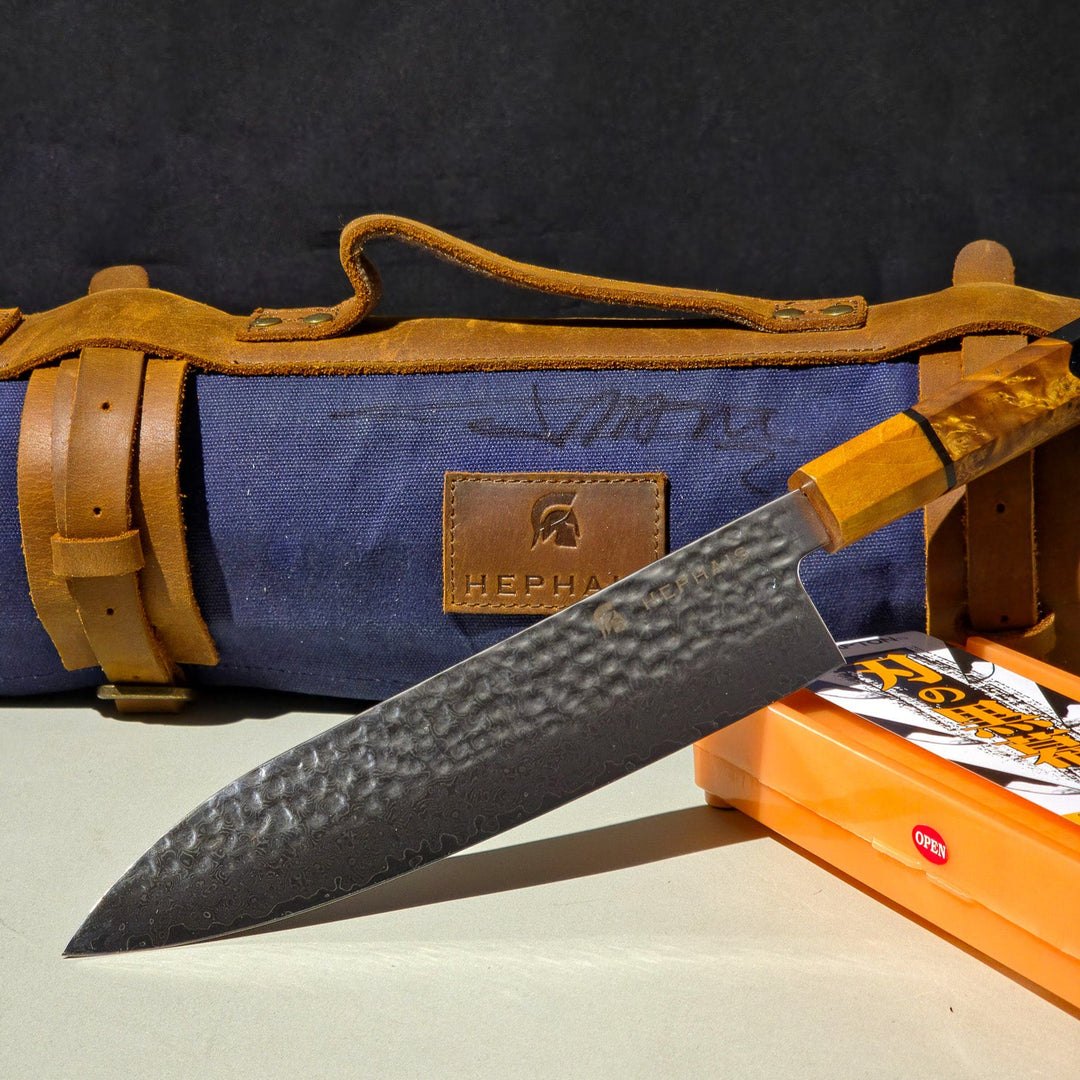 chef knife, bag and sharpening stone