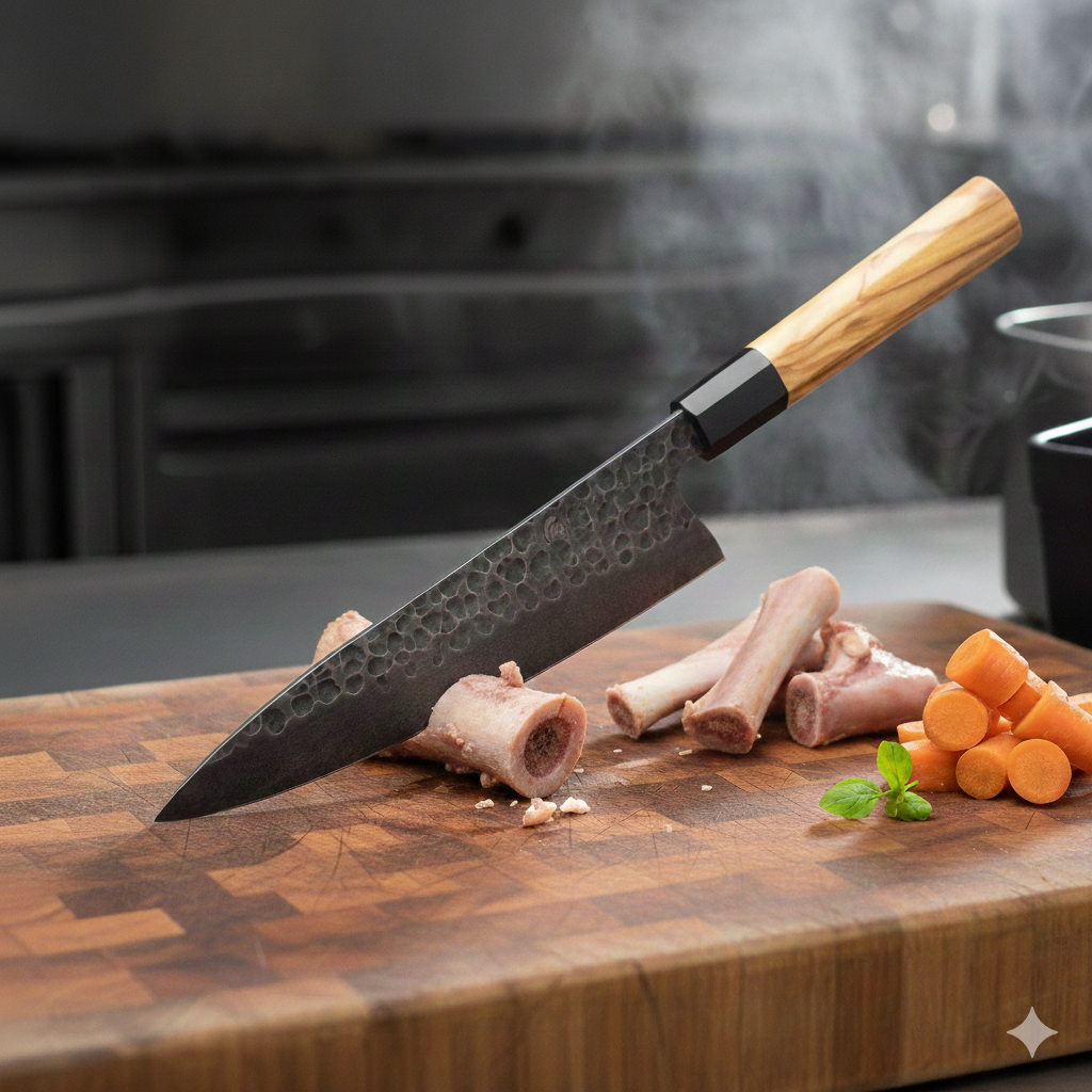 Chef's knife on a wooden cutting board with bones and carrots in a kitchen setting