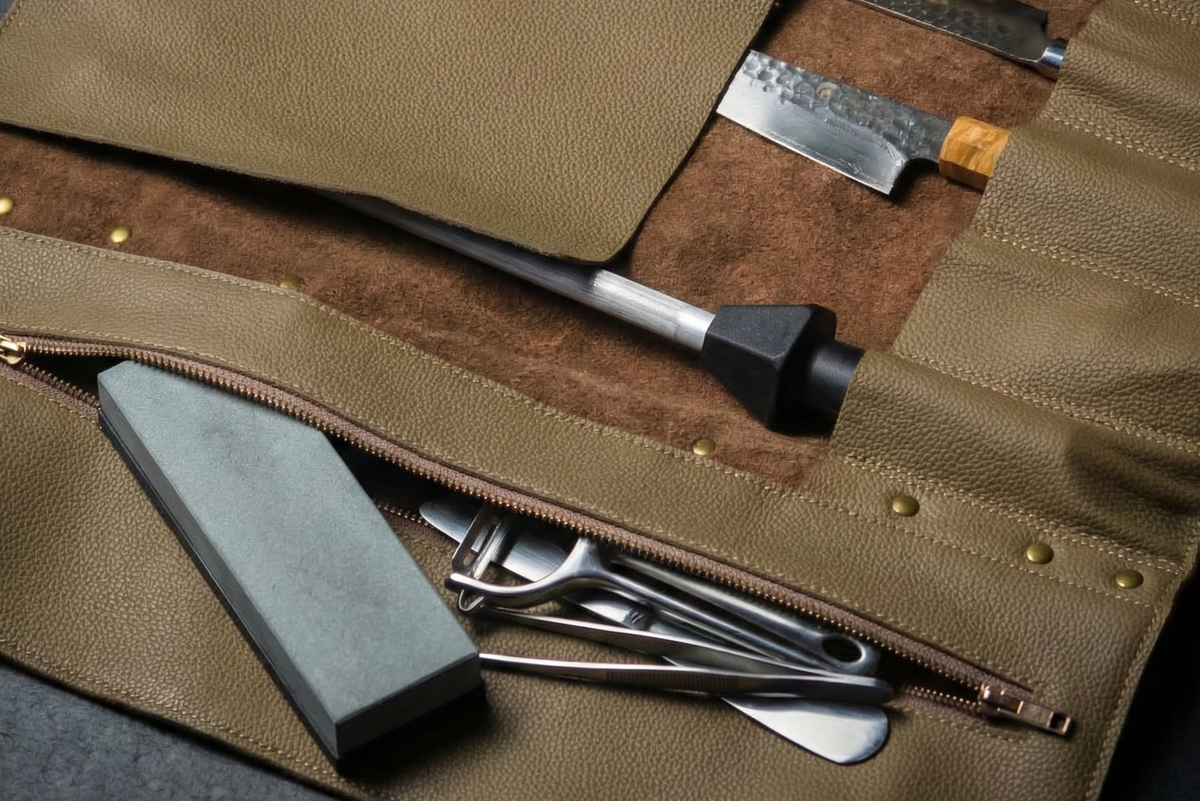 Open brown tool roll with various tools on a dark surface