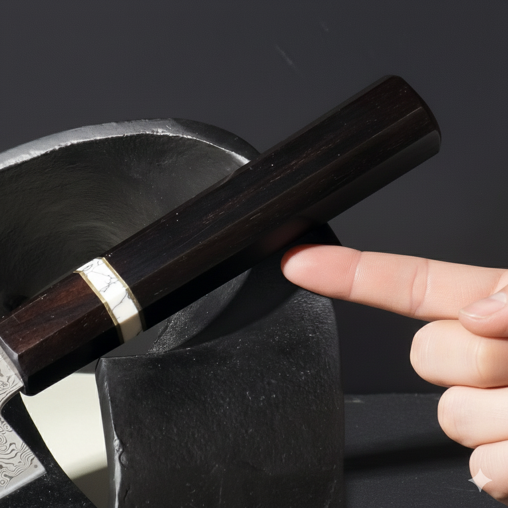 Hand holding a wooden-handled knife against a dark background