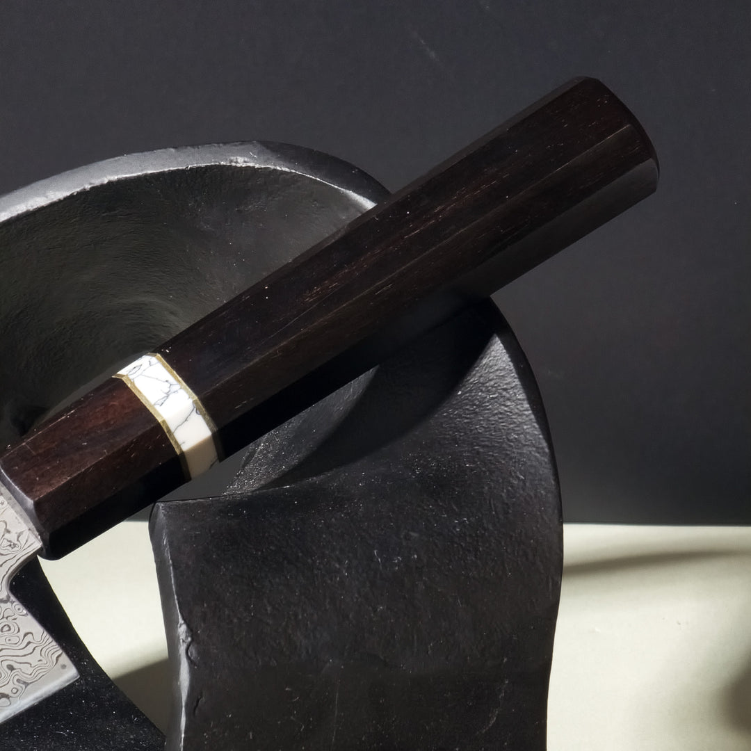 Close-up of Knox Kiritsuke Knife Ebony Handle and Matte Blade Design