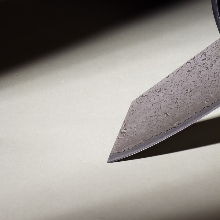 Close-up of Knox Kiritsuke Knife Ebony Handle and Matte Blade Design