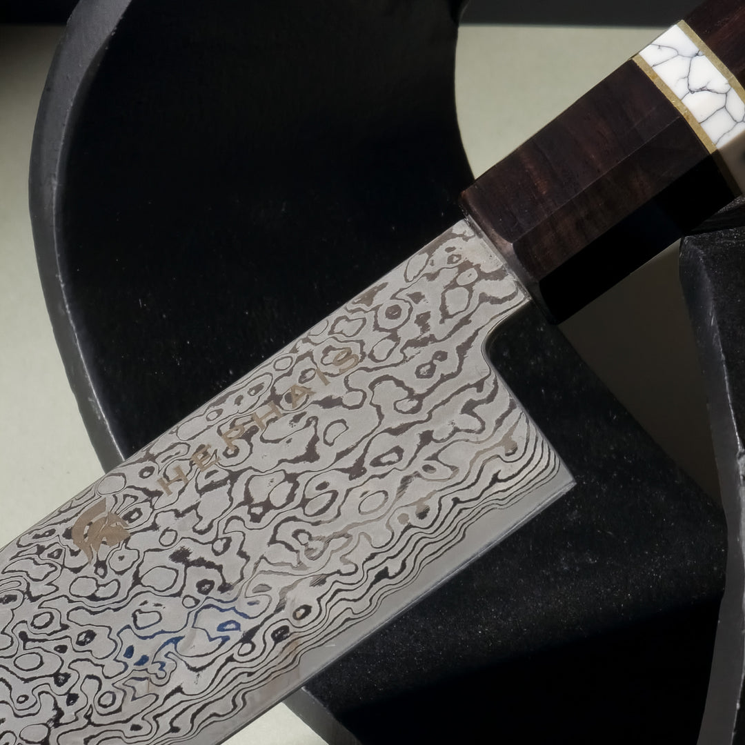 Close-up of Knox Nakiri Knife Ebony Handle and Matte Blade Finish