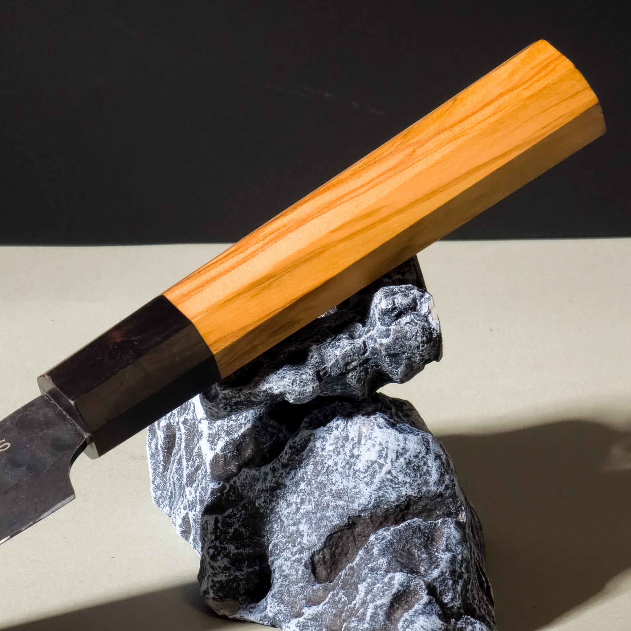 Close-up of Perseus Paring Knife Olive Wood Handle and Blade Design